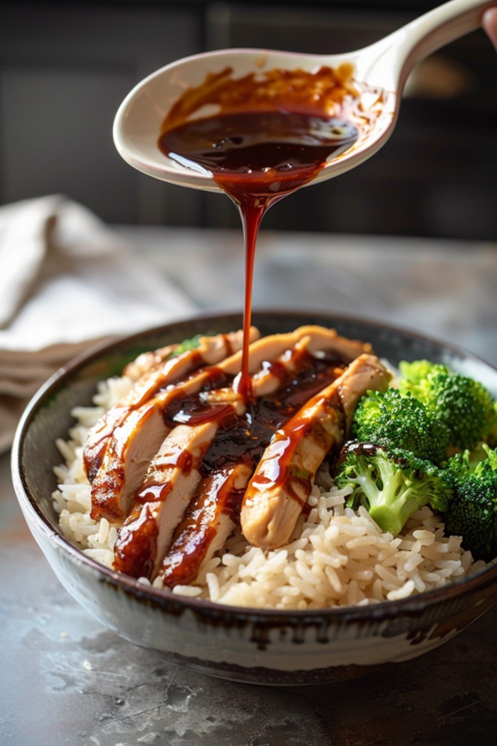 Garlic soy stir fry sauce drizzled from ceramic spoon over rice bowl with chicken and broccoli
