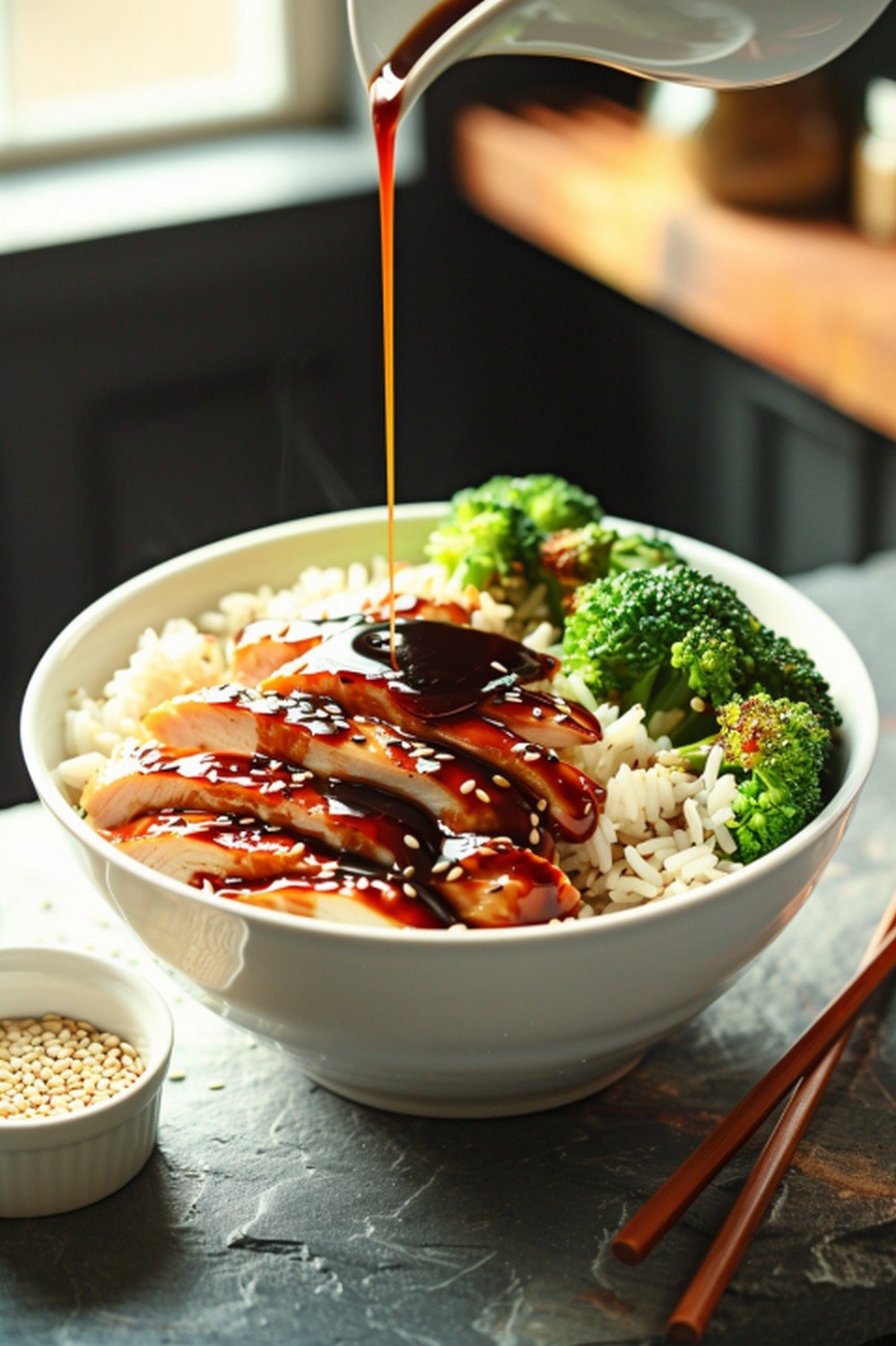 Rice bowl with garlic soy glazed chicken and broccoli with sauce ramekin beside it on stone counter
