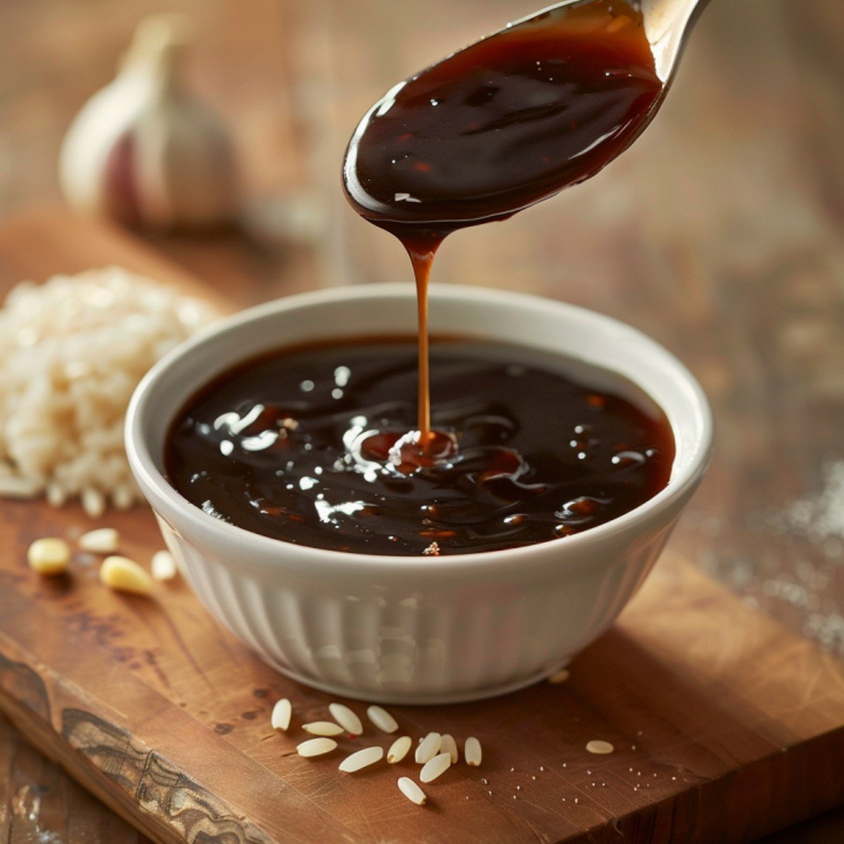 Spoon lifting thick glossy garlic soy stir fry sauce showing natural drip back into white bowl
