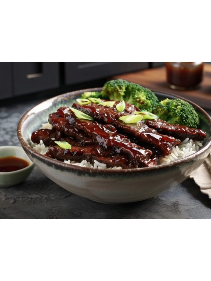 Dark mahogany hoisin glazed beef strips and broccoli over jasmine rice in white bowl on concrete countertop