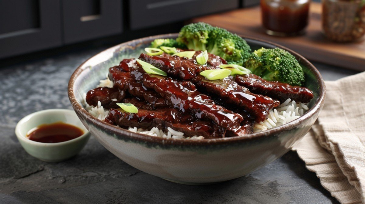 Dark mahogany hoisin glazed beef strips and broccoli over jasmine rice in white bowl on concrete countertop
