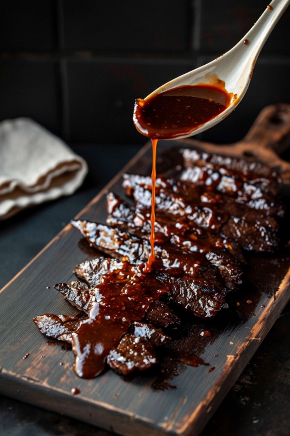 Hoisin sauce drizzled from ceramic spoon in arc over dark glazed beef strips on dark wooden board
