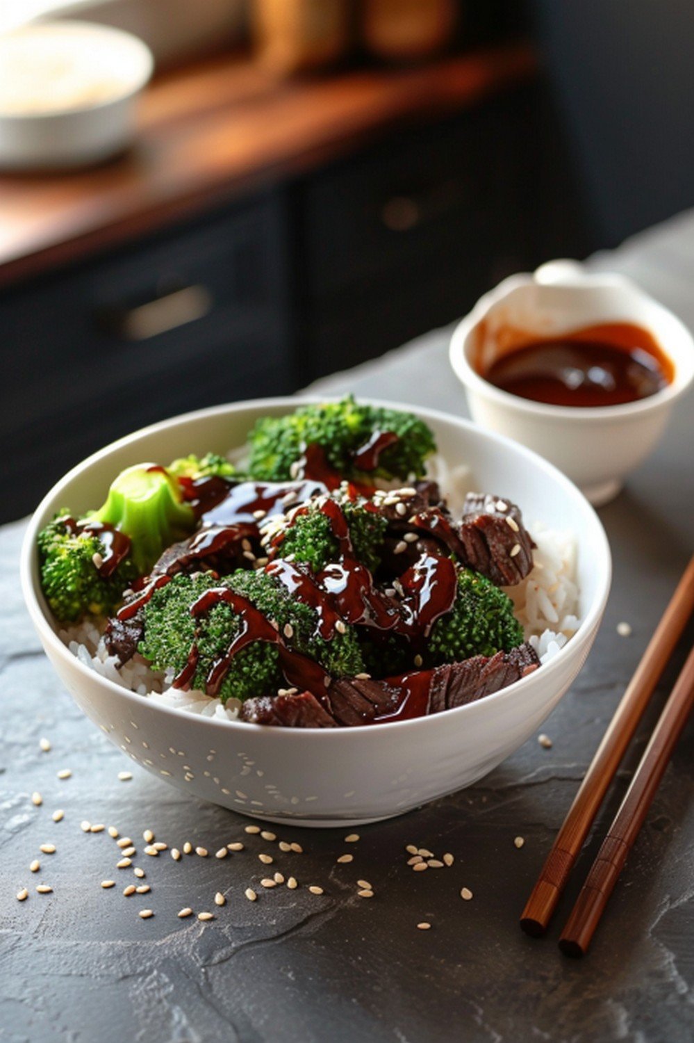 Hoisin beef rice bowl with dark mahogany sauce ramekin sesame seeds and chopsticks on stone counter
