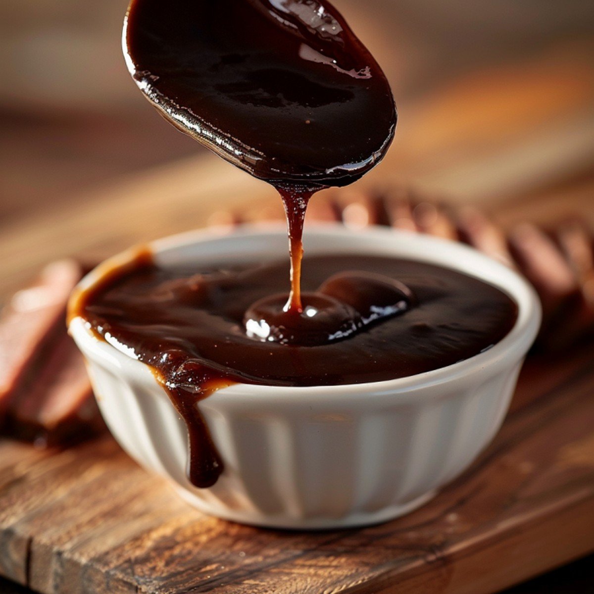 Spoon lifting thick dark mahogany hoisin sauce showing glossy drip with beef strip on wooden board
