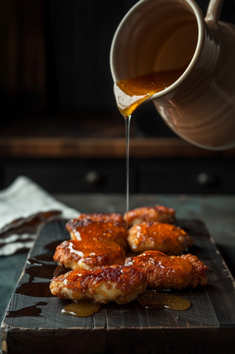 Honey garlic sauce poured from ceramic pitcher over golden seared chicken pieces on dark wooden board
