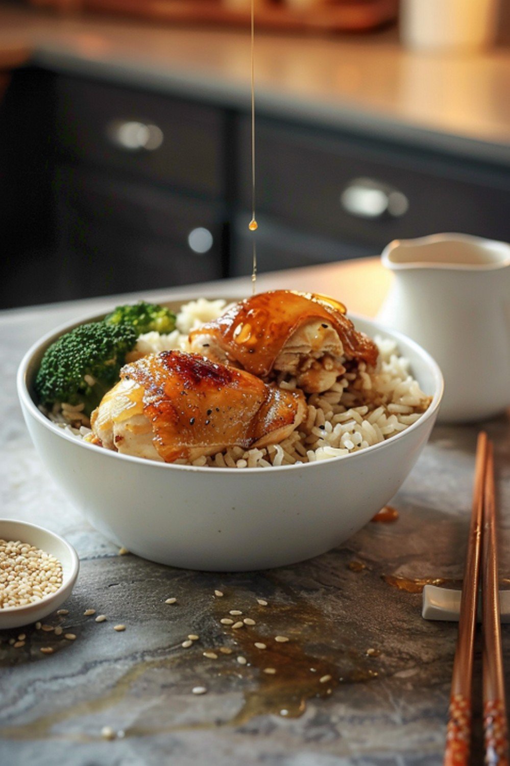 Honey garlic glazed chicken rice bowl with sauce ramekin and chopsticks on stone counter
