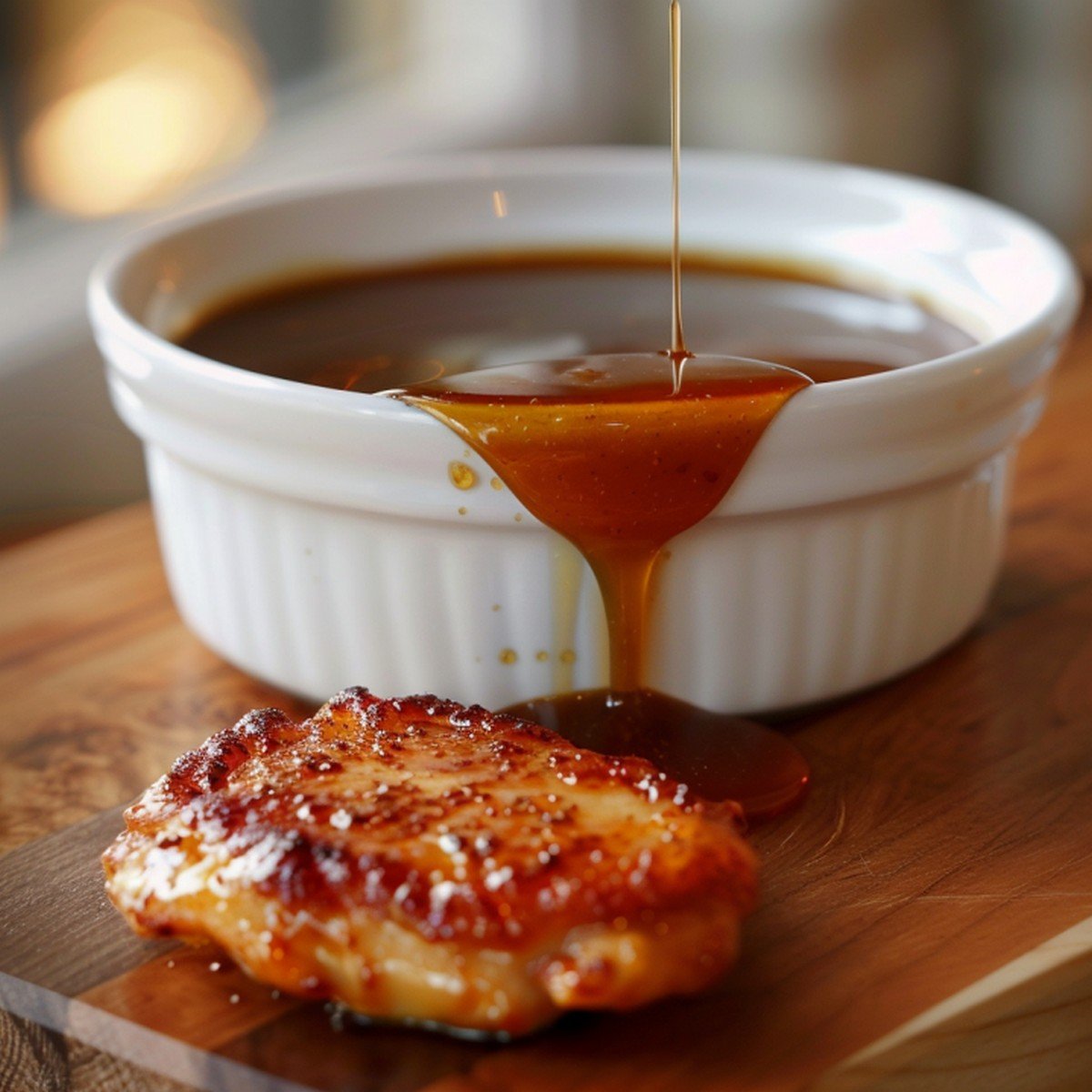 Thick amber honey garlic sauce dripping over white ceramic bowl edge onto wooden board with chicken
