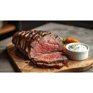 Sharp bright white horseradish cream sauce in ramekin beside sliced prime rib on wooden board in warm home kitchen setting