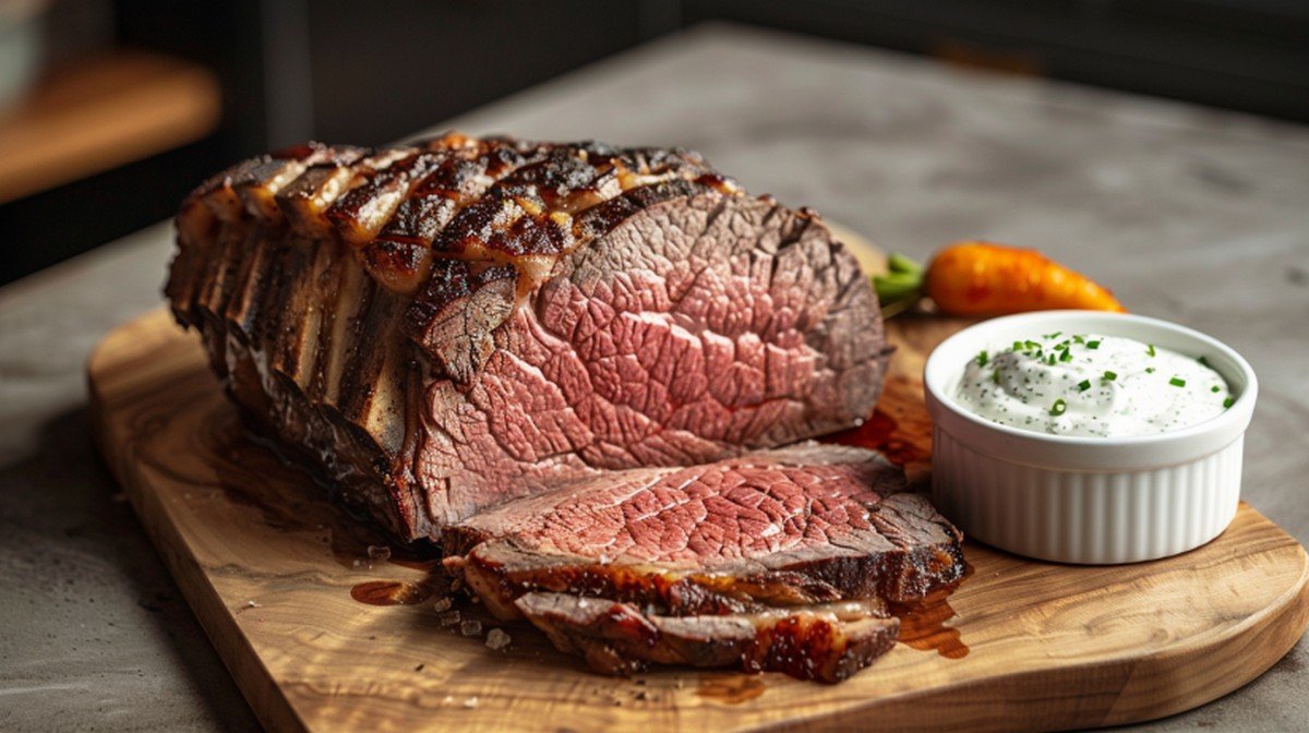 Sharp bright white horseradish cream sauce in ramekin beside sliced prime rib on wooden board in warm home kitchen setting
