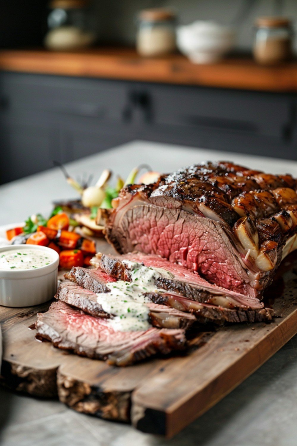 Elegant steak night with white horseradish cream ramekin beside sliced prime rib on large wooden board in warm Jake Carter kitchen
