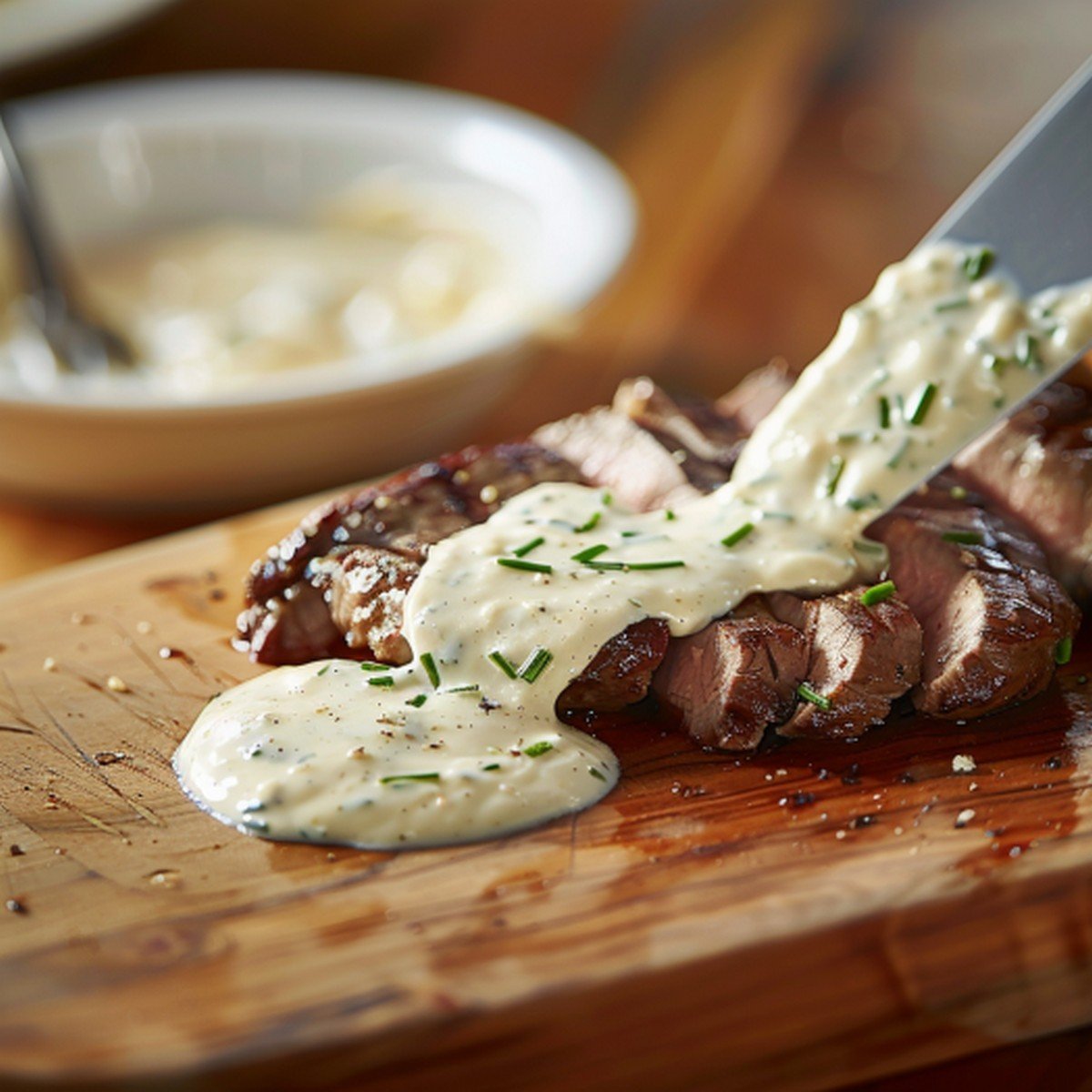 Bright white horseradish cream sauce with chive flecks with knife spreading sauce across wooden board leaving thick trail with steak at edge
