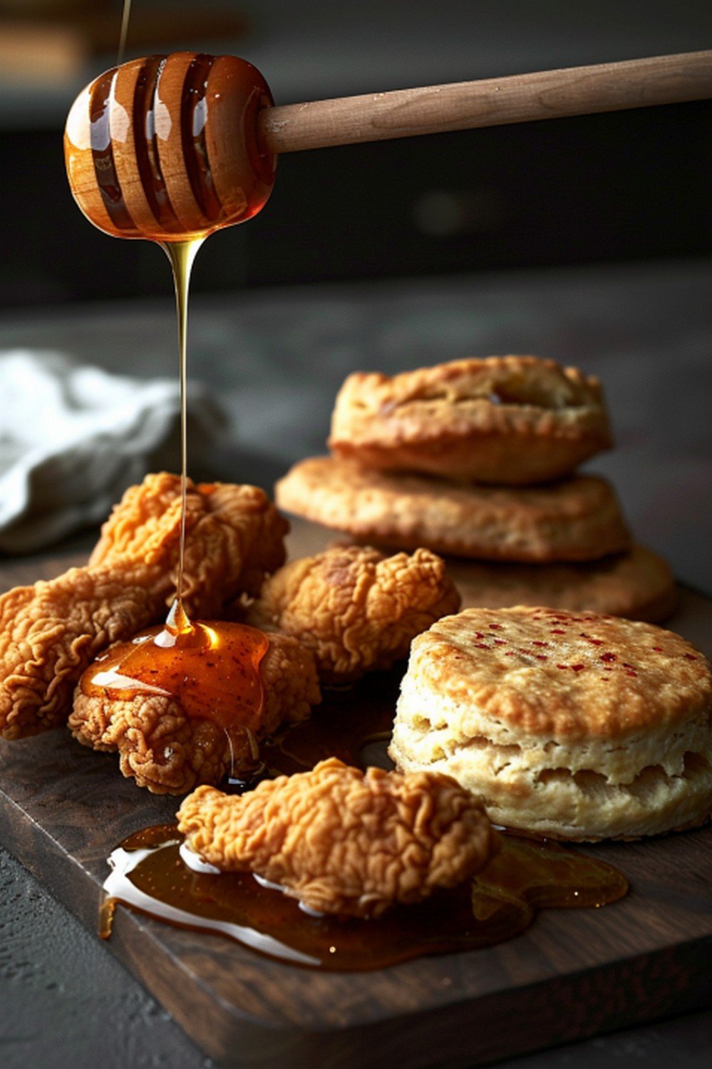 Deep golden amber hot honey sauce with red chili flecks dripping from a wooden honey dipper in a single luminous arc above golden fried chicken resting flat on a dark wooden board
