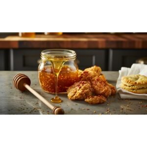 Small open glass jar of deep golden amber hot honey sauce with red chili flecks on a matte concrete counter, wooden honey dipper drizzling sauce beside golden fried chicken in warm kitchen light