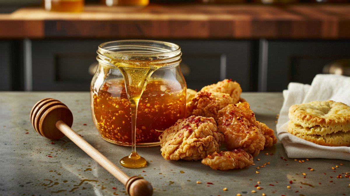 Small open glass jar of deep golden amber hot honey sauce with red chili flecks on a matte concrete counter, wooden honey dipper drizzling sauce beside golden fried chicken in warm kitchen light
