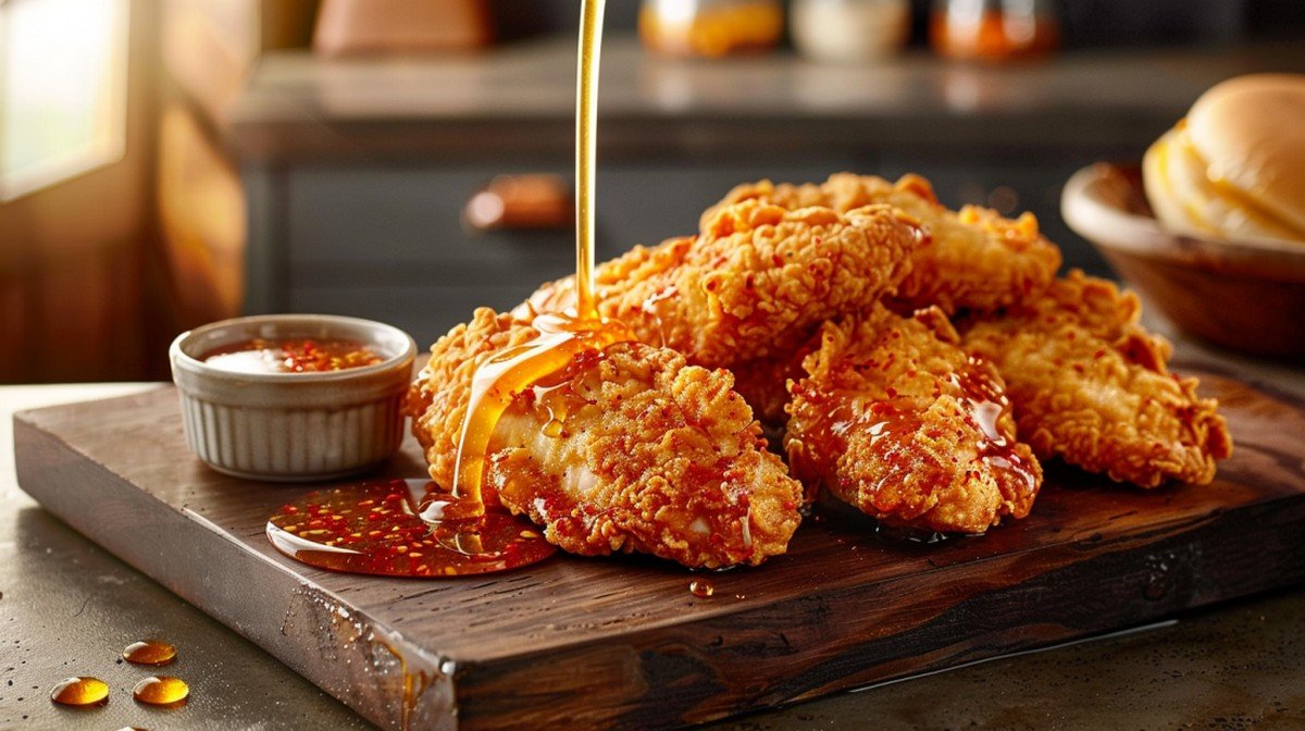 Hot Honey Sauce recipe — homemade copycat inspired by Mike's Hot Honey, deep golden amber drizzle on crispy chicken

