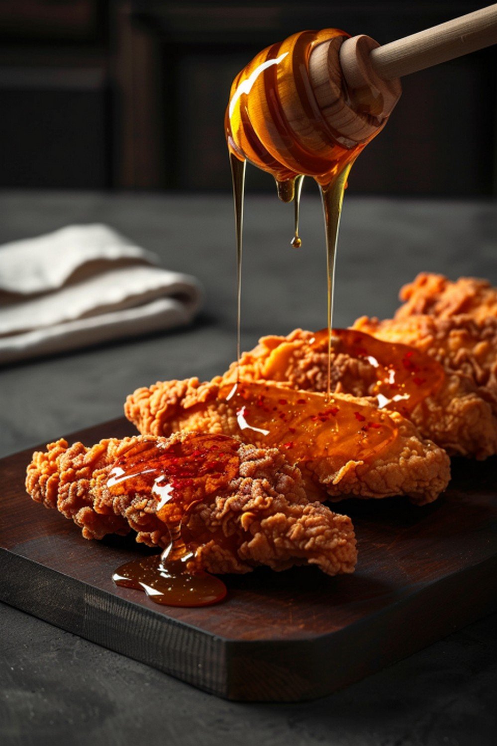 Deep golden amber hot honey sauce dripping in dramatic arc from wooden honey dipper over crispy chicken tenders on wooden board
