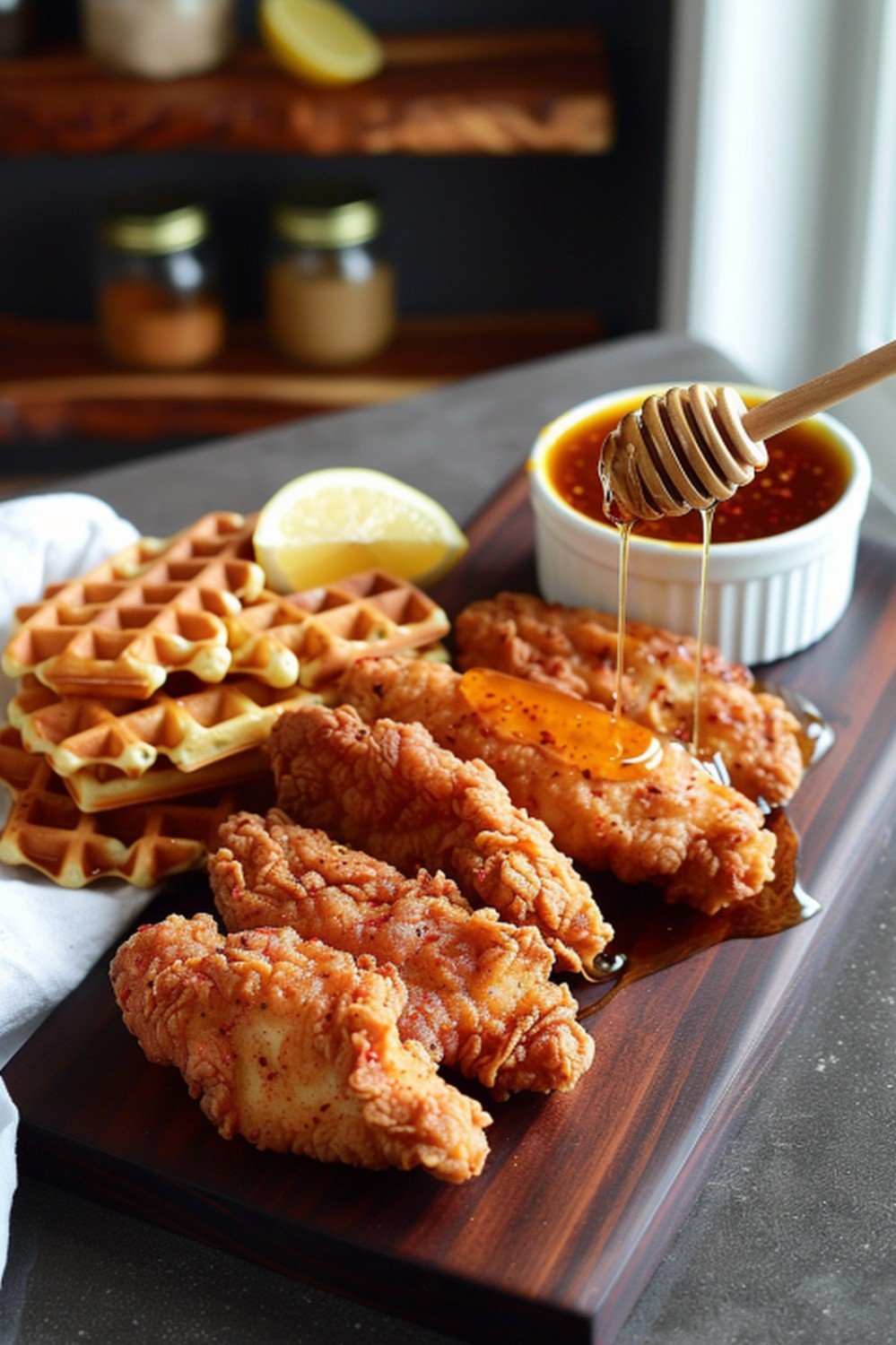 Homemade hot honey sauce served with crispy chicken tenders on dark wooden board in warm home kitchen lifestyle scene
