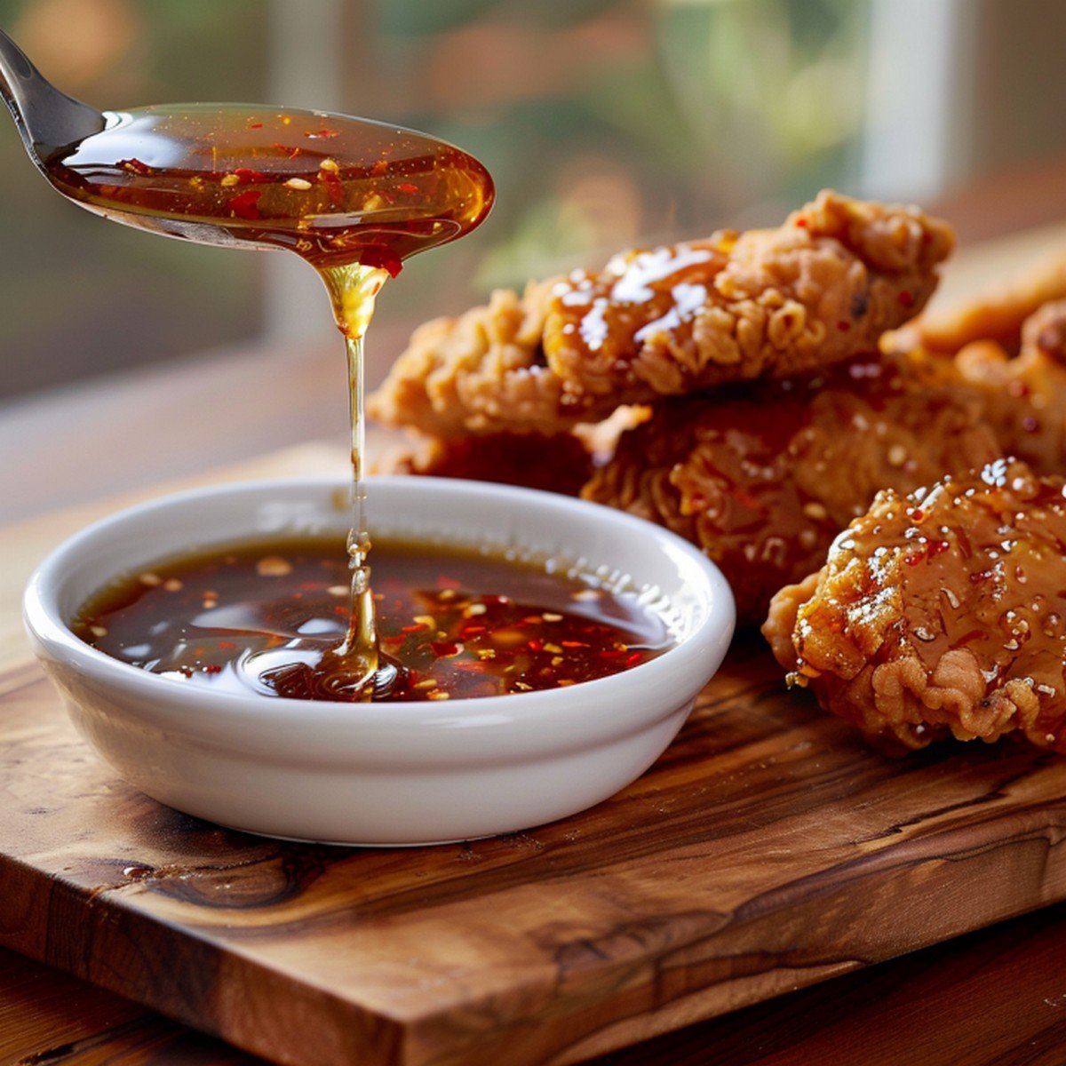 Close-up of deep golden amber honey sauce with red chili flecks — thick glossy texture
