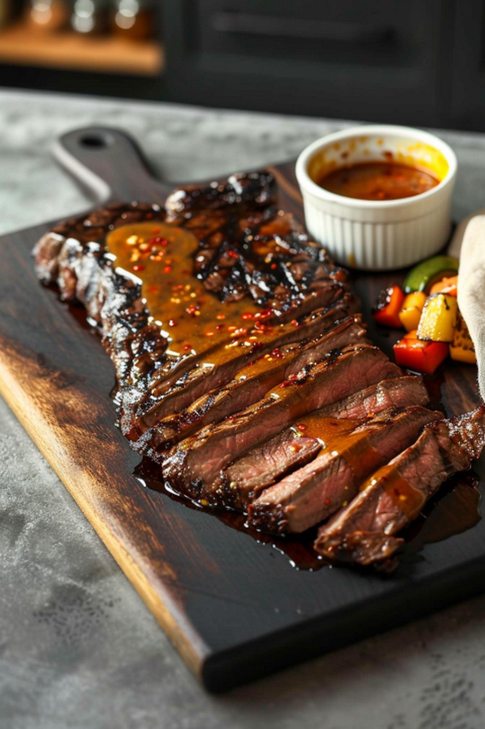 Summer cookout steak board on a dark wooden board — sliced grilled steak as hero, hot honey sauce ramekin beside it, roasted vegetables at the edge, sauce drizzled in a bold glossy arc from above
