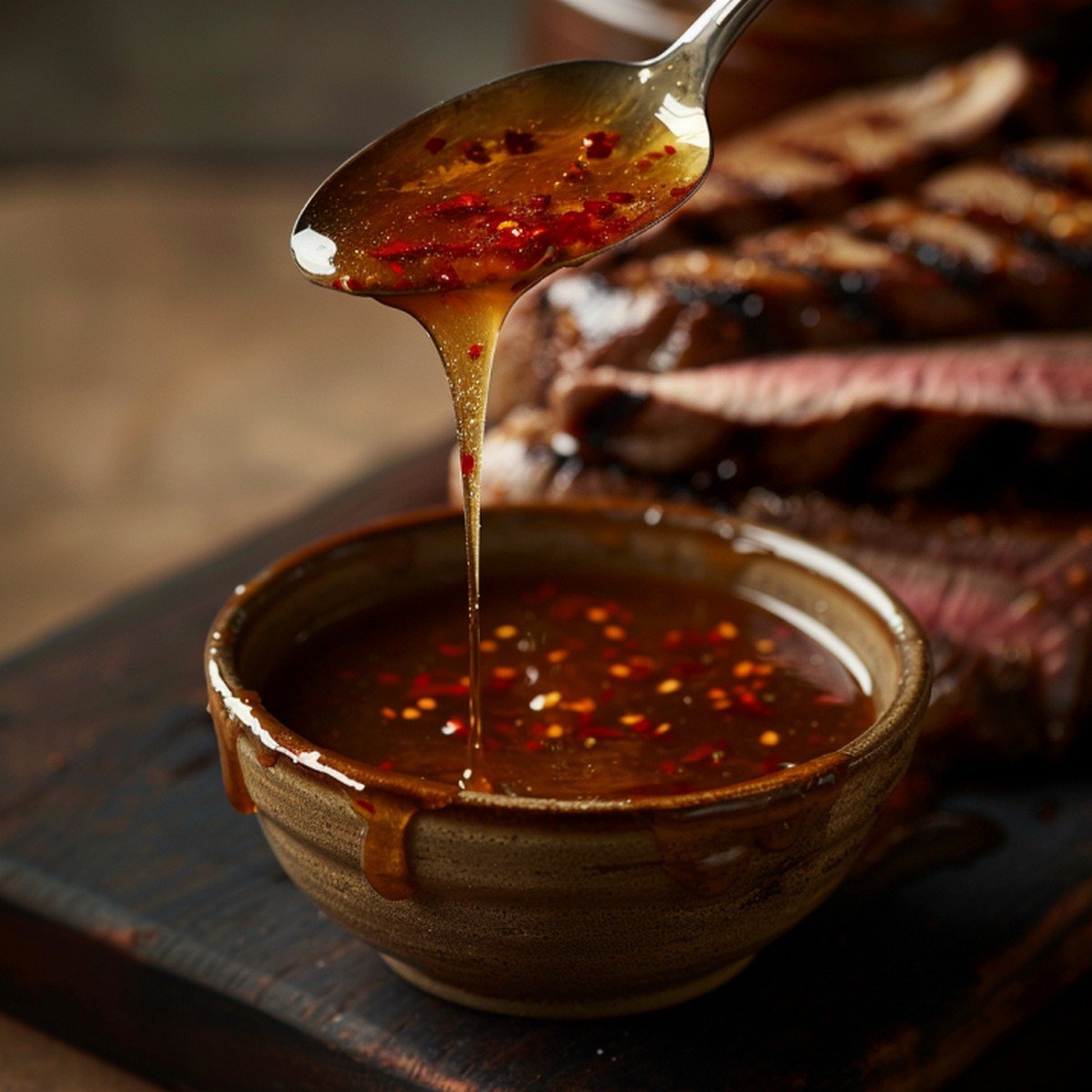 Spoon lifting deep golden amber hot honey sauce with red chili flecks showing a long glossy drip thread stretching down into a ceramic bowl, sliced steak visible at the frame edge on a wooden board
