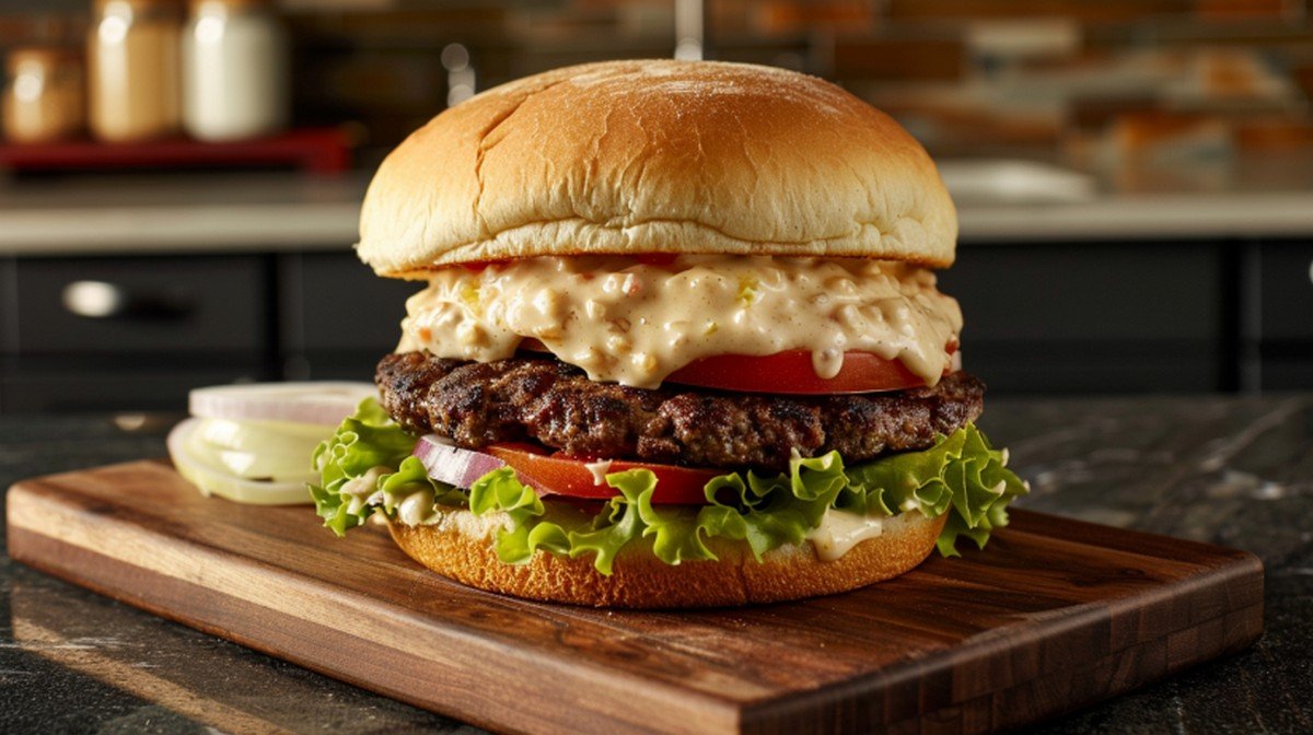 In-N-Out Double Double copycat recipe — smash burger with pale creamy golden-ivory spread lettuce tomato onion on dark wooden board
