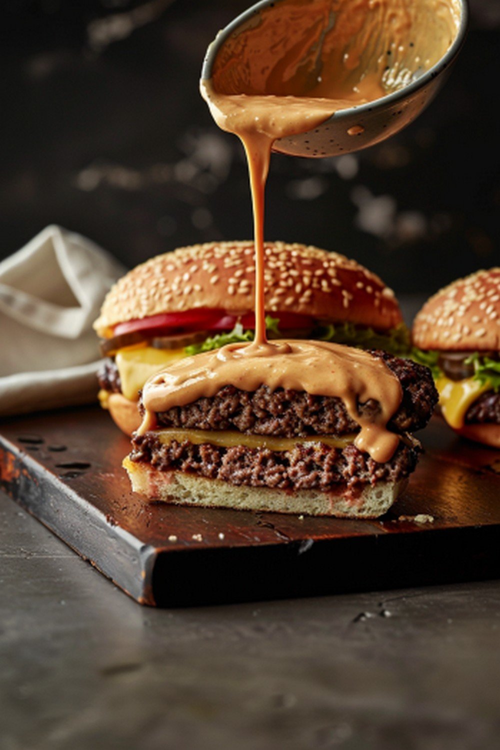 Pale creamy golden-ivory In-N-Out spread poured in thick stream from ceramic spoon over halved Double Double burger on wooden board

