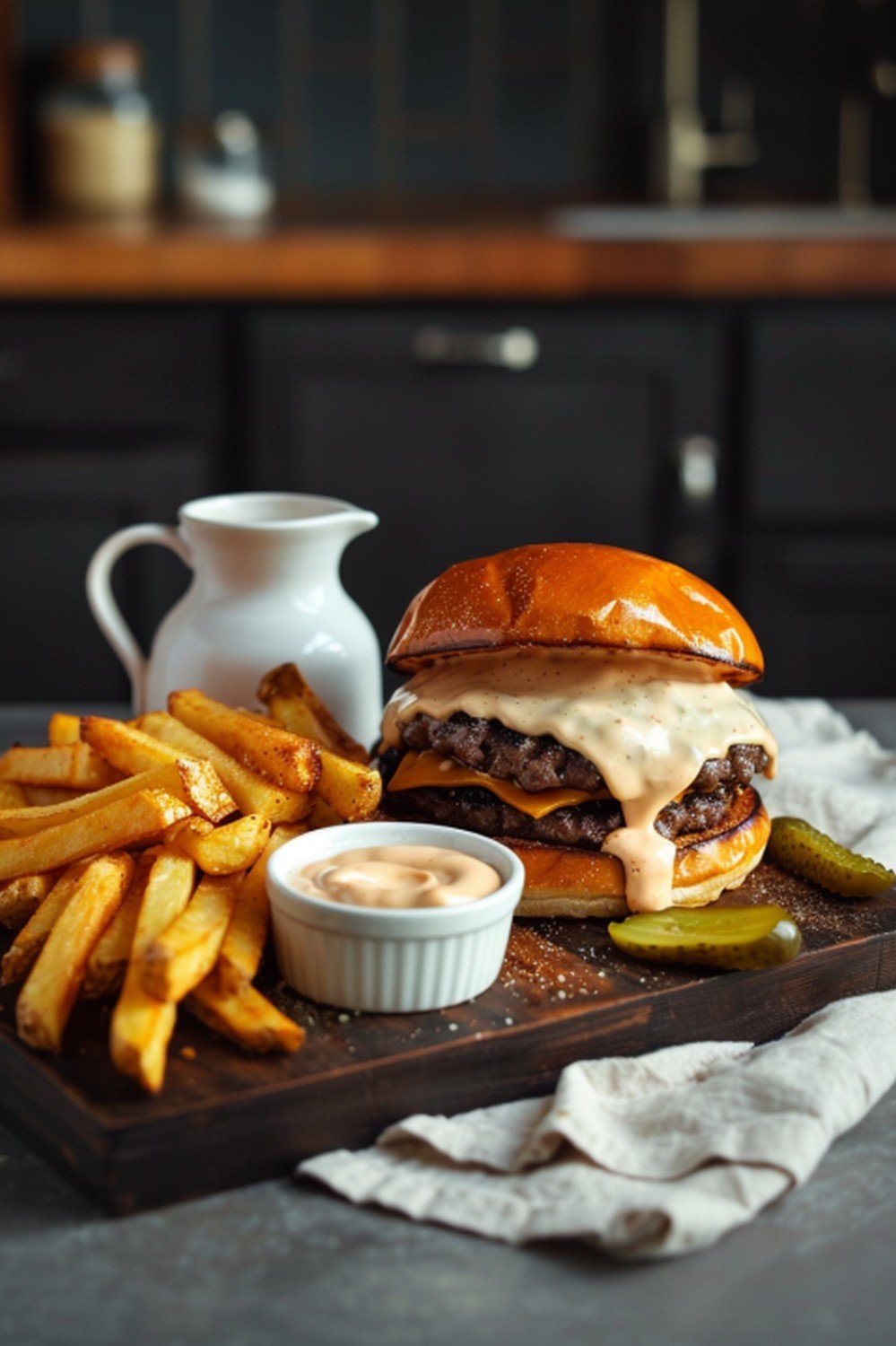 Homemade In-N-Out Double Double with spread ramekin and golden fries on dark wooden board in warm home kitchen game day burger night
