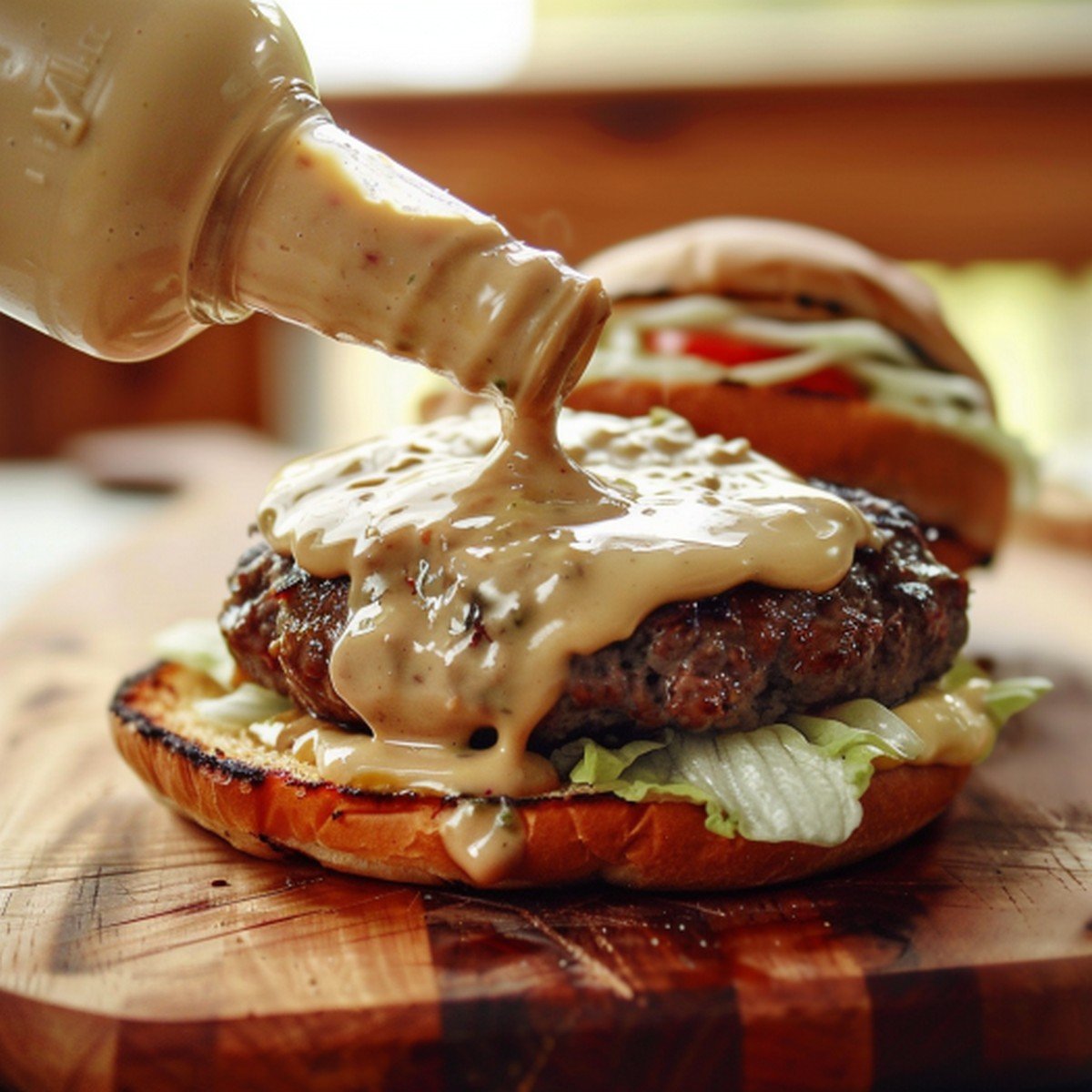 Close-up of pale creamy golden-ivory In-N-Out spread drizzled over smash burger patty — thick glossy Thousand Island texture
