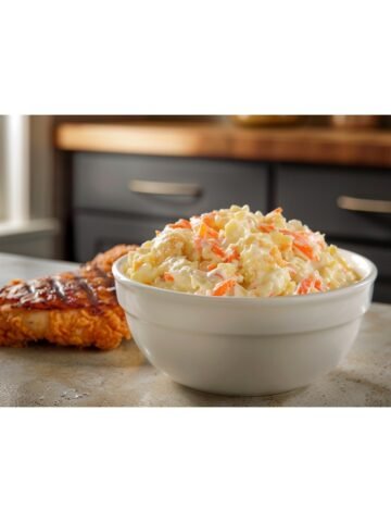 KFC Coleslaw copycat recipe — creamy sweet pale yellow coleslaw with orange carrot flecks in white ceramic bowl
