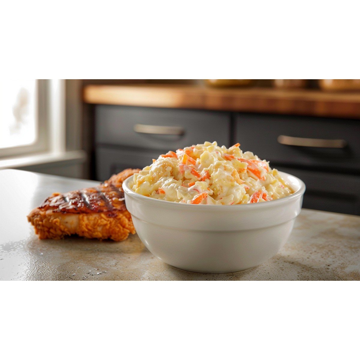 KFC Coleslaw copycat recipe — creamy sweet pale yellow coleslaw with orange carrot flecks in white ceramic bowl
