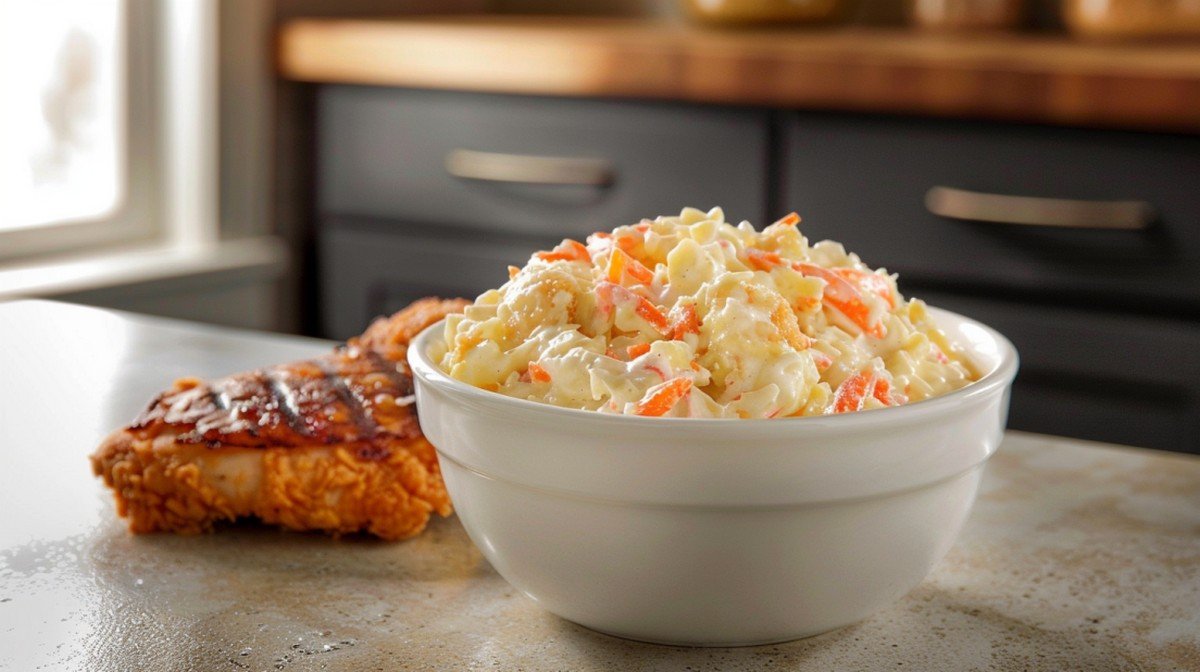 KFC Coleslaw copycat recipe — creamy sweet pale yellow coleslaw with orange carrot flecks in white ceramic bowl
