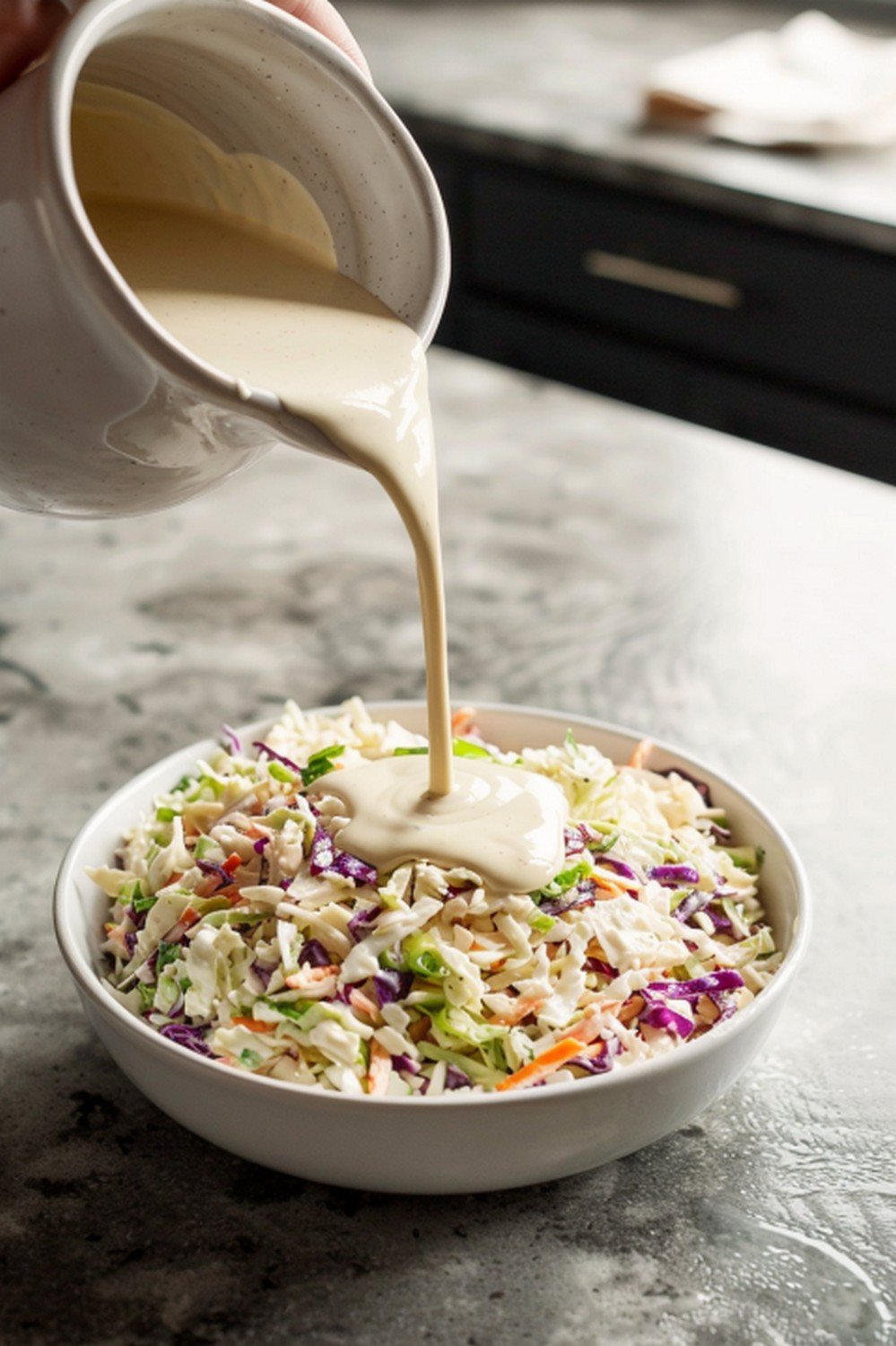 Creamy white KFC coleslaw dressing poured in slow wide stream from ceramic pitcher over pale coleslaw in white bowl on counter
