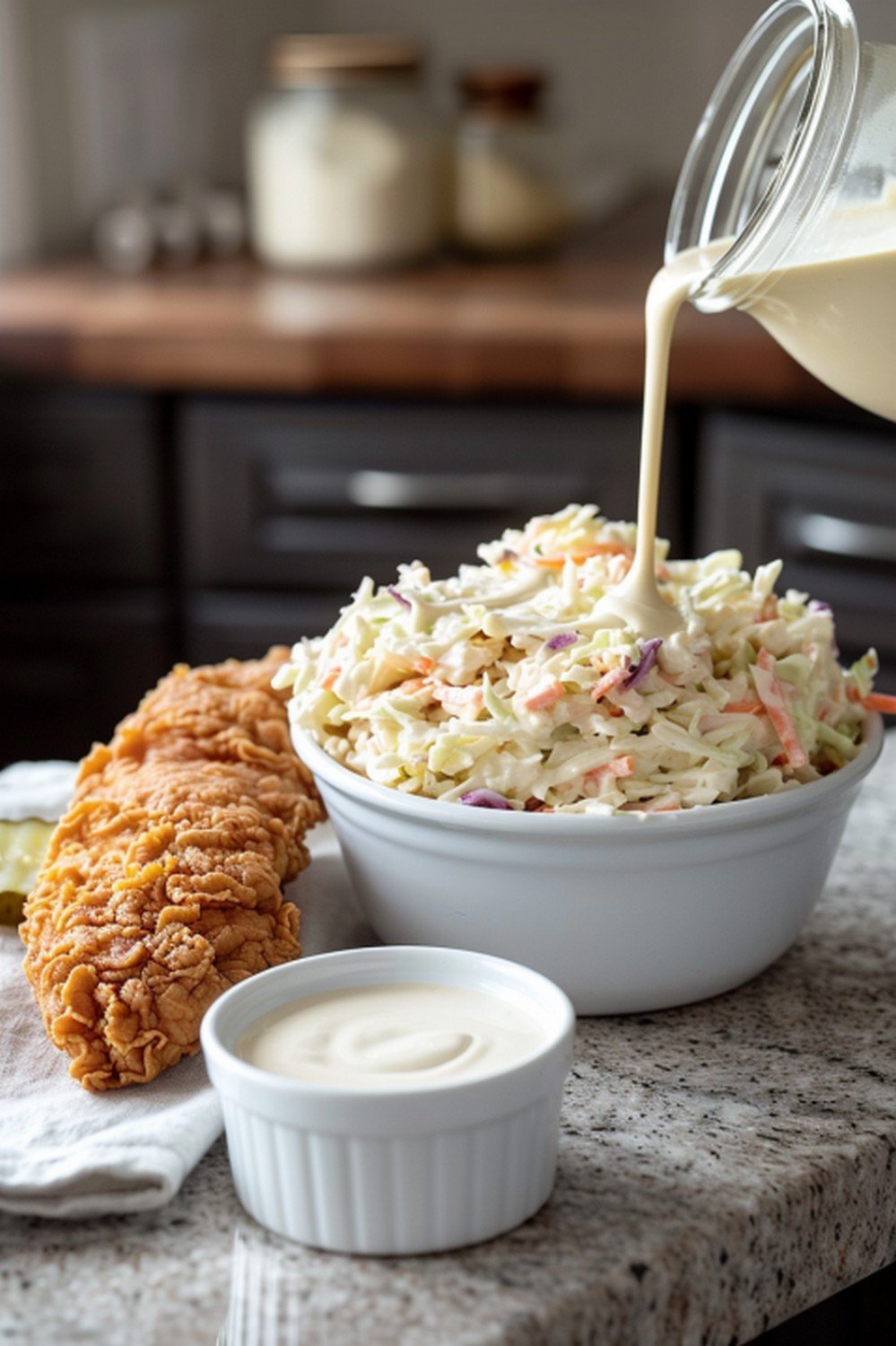 Homemade KFC Coleslaw in white bowl with crispy fried chicken on stone countertop in warm home kitchen casual lifestyle scene
