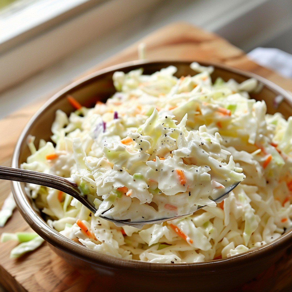 Close-up of creamy white KFC-style coleslaw dressing coating finely chopped cabbage — thick creamy texture with orange carrot flecks
