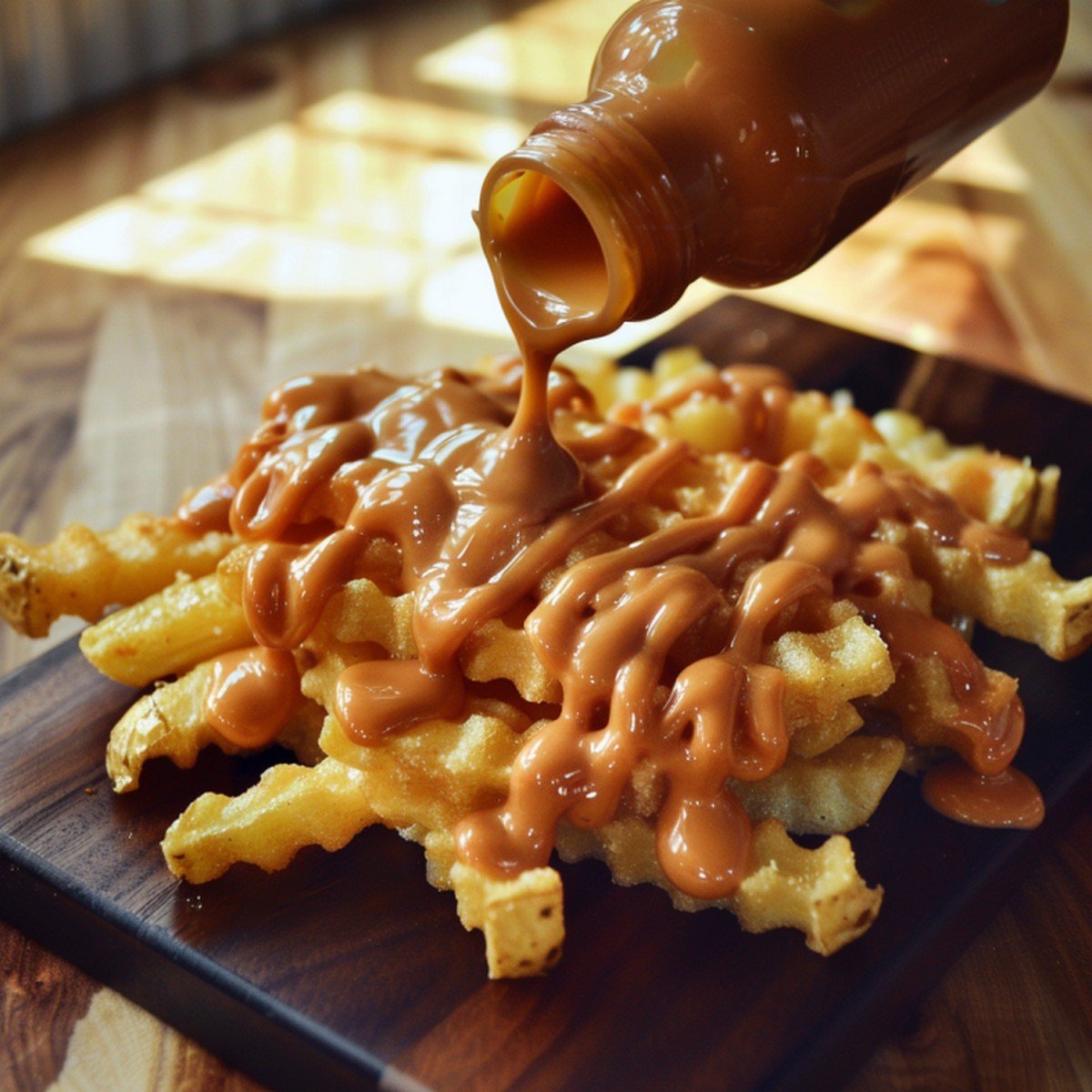 Rich amber-gold two-cheese sauce drizzled from a squeeze bottle tip landing in thick glossy rivulets on golden crinkle fries resting flat on a dark wooden board, sauce flowing between fries

