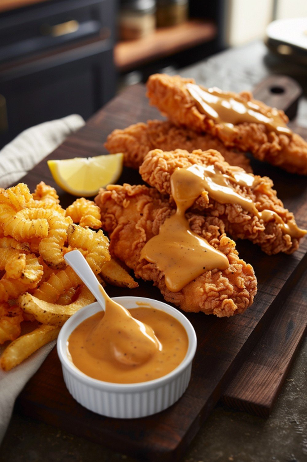 Warm weeknight chicken tender and fries tray on a dark wooden board — golden tenders, crinkle fries in a ceramic cup, cheese sauce ramekin, lemon wedge, sauce drizzled from above
