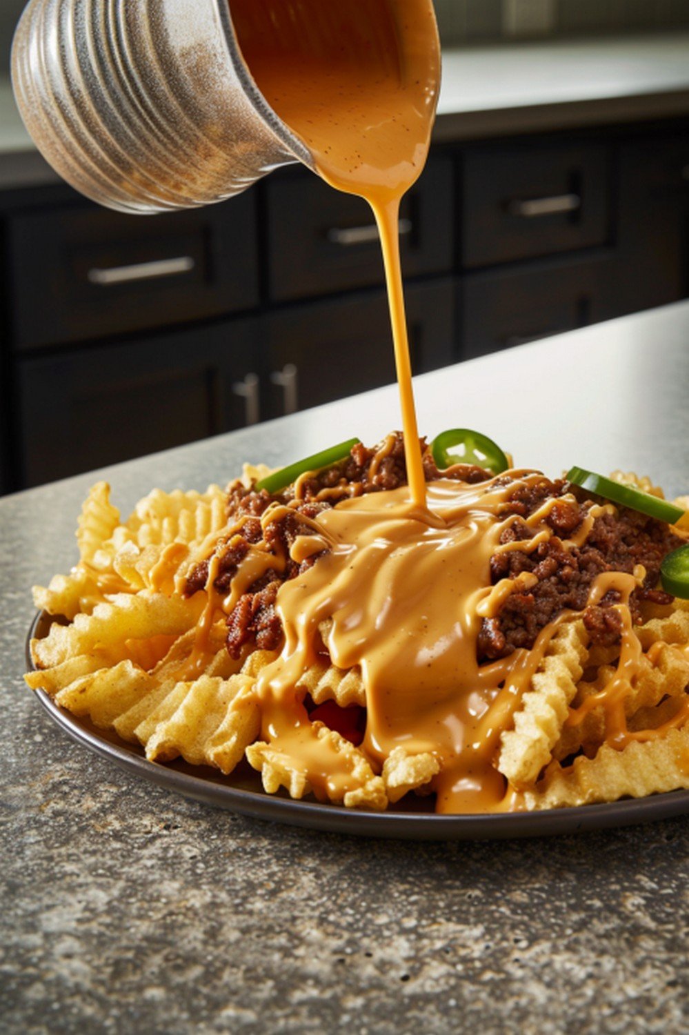 Amber-gold cheese sauce poured in bold continuous stream from a ceramic pitcher above a loaded crinkle fries platter on a concrete countertop, sauce stream landing on spiced beef and jalapeños
