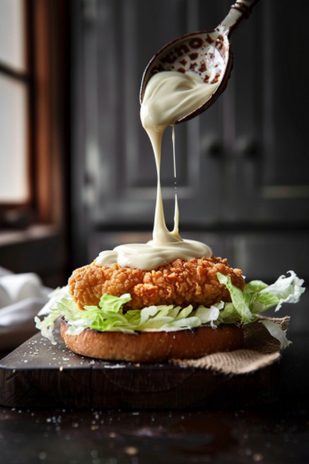 Creamy white mayo drizzling from a spoon onto an open McChicken sandwich with crispy chicken
