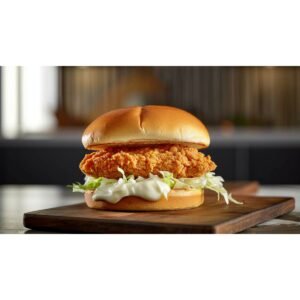Homemade McChicken sandwich with crispy chicken patty, lettuce and mayo on a wooden board