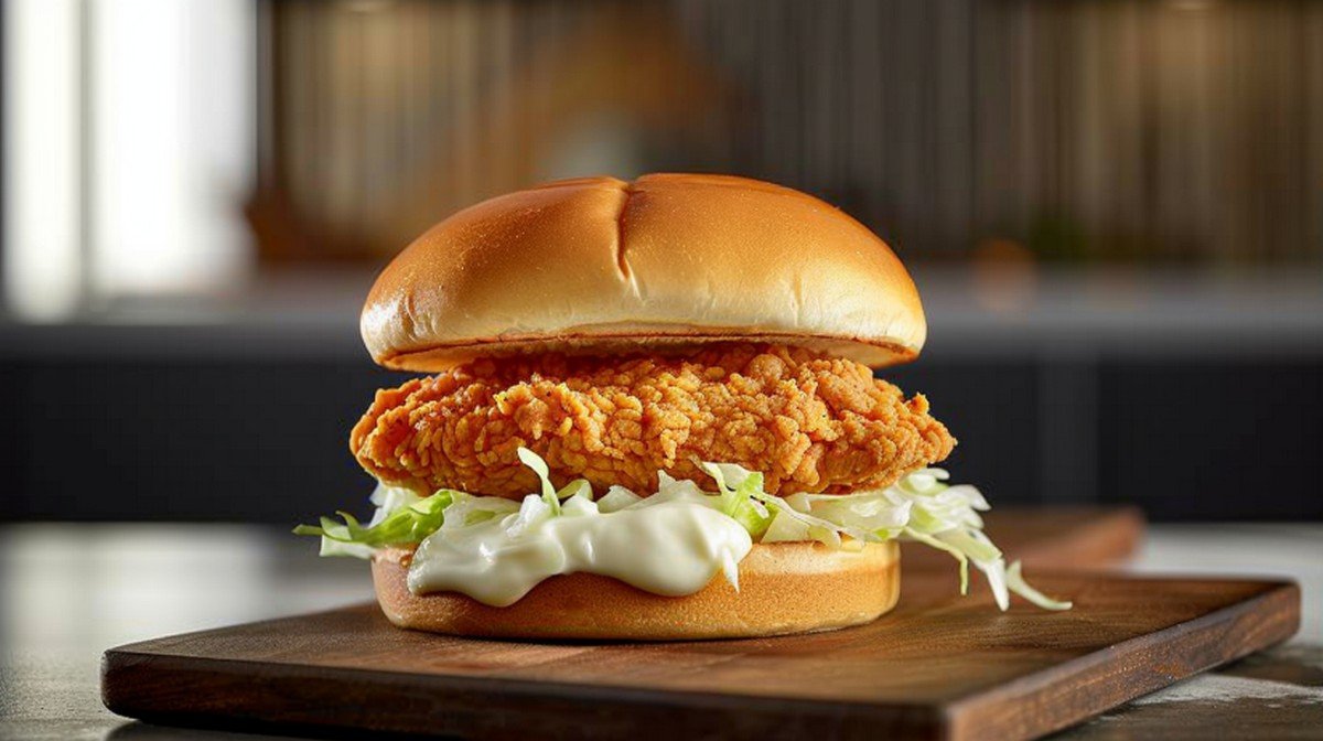 Homemade McChicken sandwich with crispy chicken patty, lettuce and mayo on a wooden board
