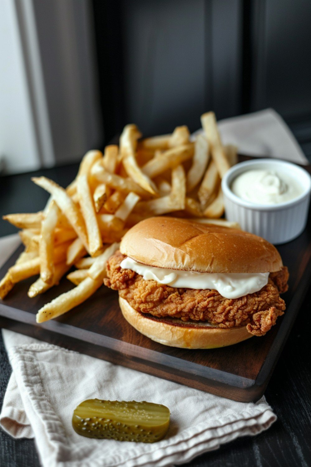 Saturday night McChicken sandwich dinner with mayo, fries and a pickle on a wooden board
