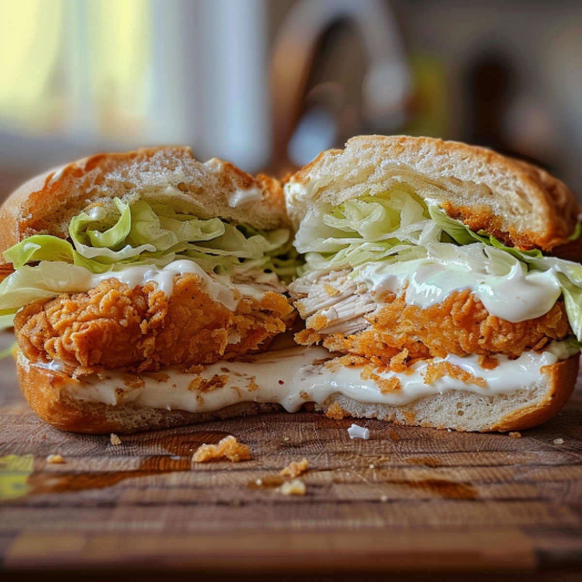 Cross-section of a McChicken sandwich showing crispy chicken patty, mayo and shredded lettuce
