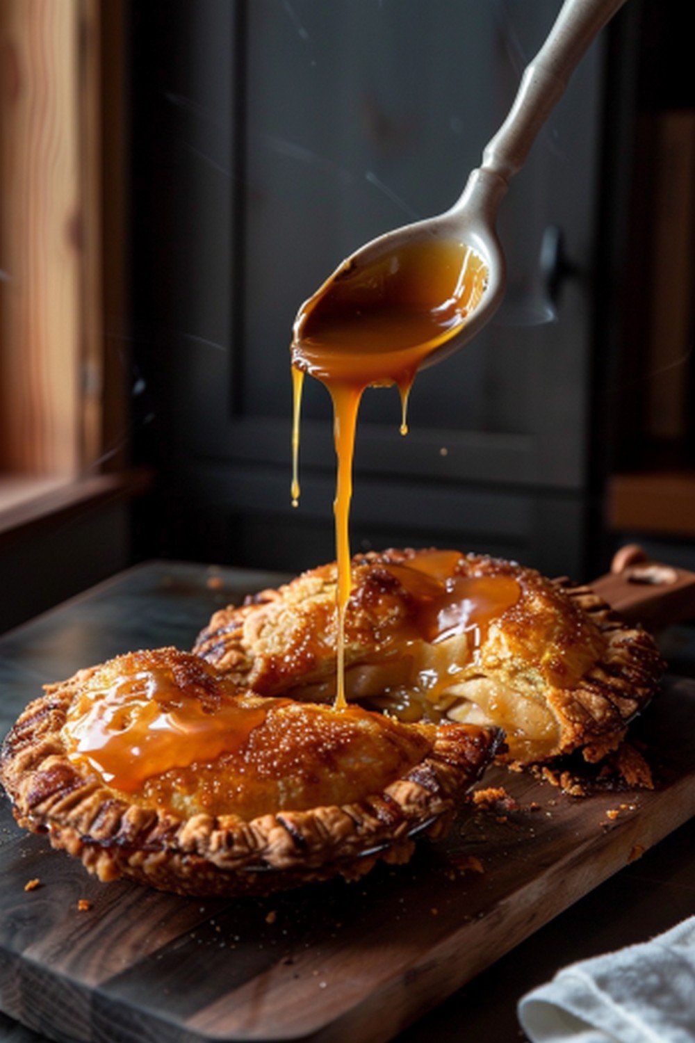 Caramel sauce drizzling from a spoon onto two golden fried apple pies broken open

