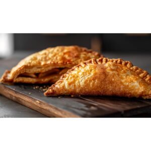 Two golden crispy fried apple hand pies with cinnamon sugar coating on a wooden board