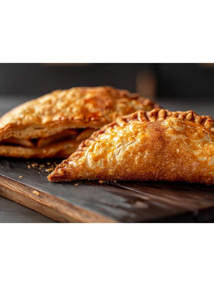Two golden crispy fried apple hand pies with cinnamon sugar coating on a wooden board