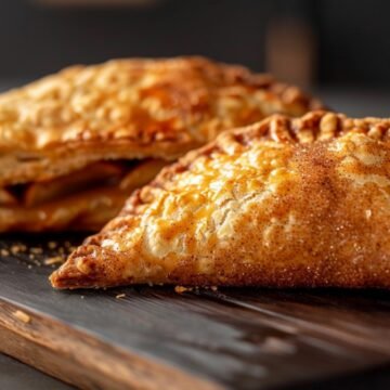 Two golden crispy fried apple hand pies with cinnamon sugar coating on a wooden board