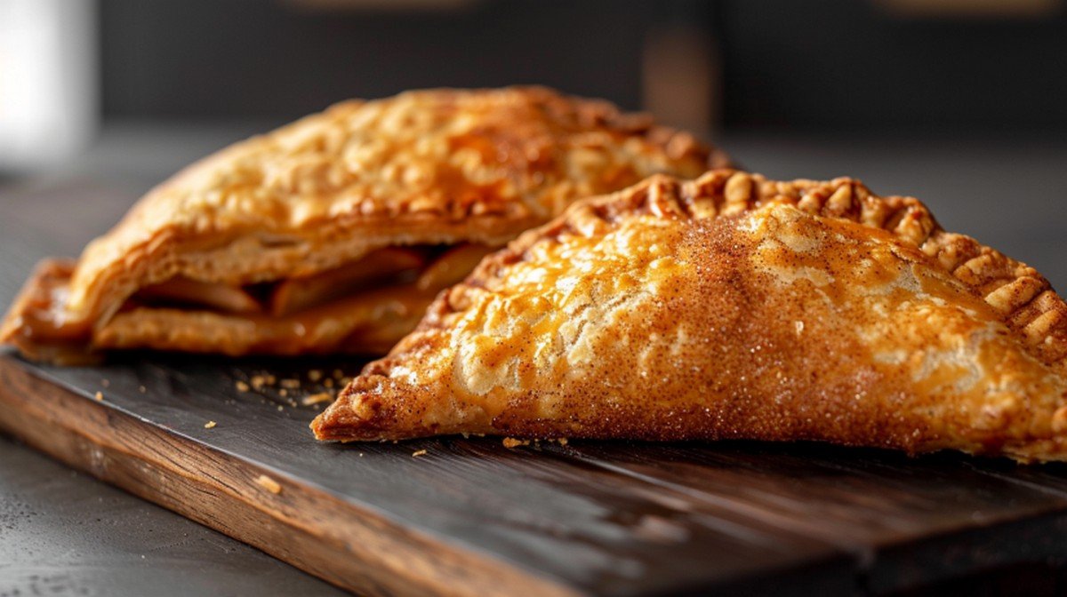 Two golden crispy fried apple hand pies with cinnamon sugar coating on a wooden board
