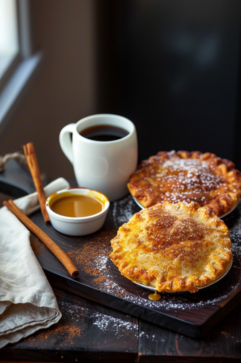 Cozy fall dessert scene with fried apple pies, caramel sauce, cinnamon stick and coffee
