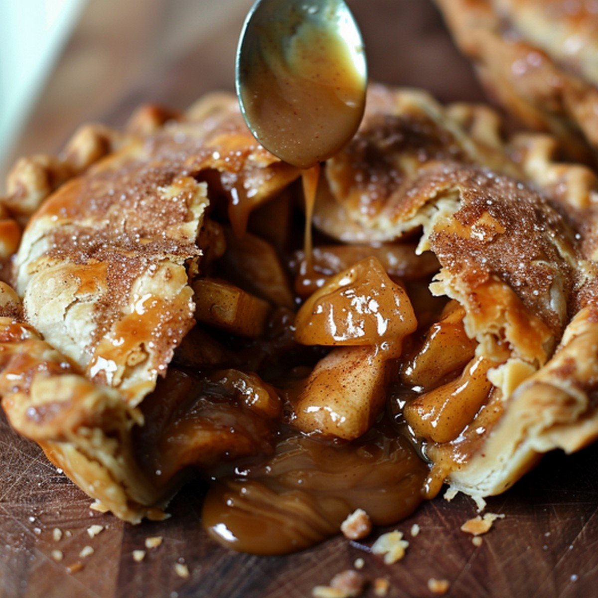 Close-up of a fried apple pie broken open showing warm cinnamon apple filling
