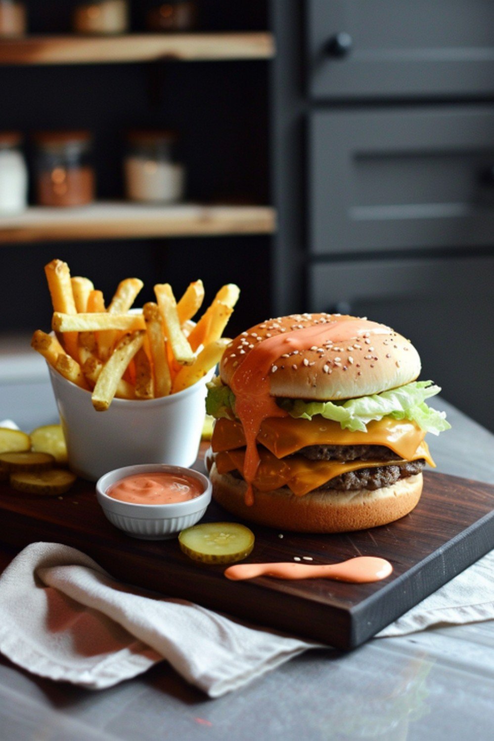 Homemade McDonald's chicken nuggets and Big Mac sauce on a wooden board